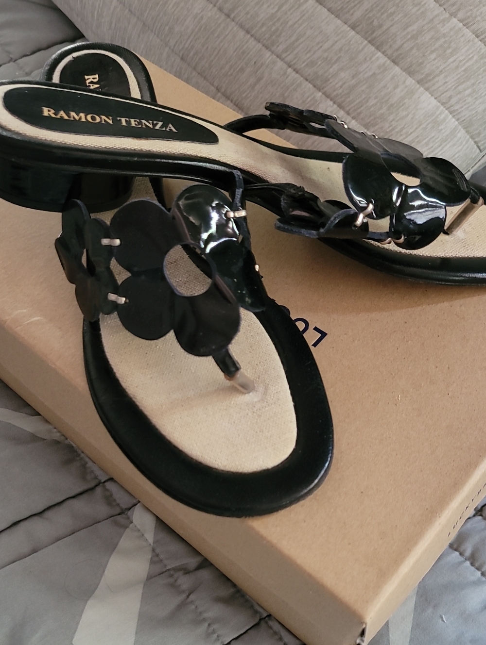 Ramon Tenza Black Patent Leather Floral Thong Sandals